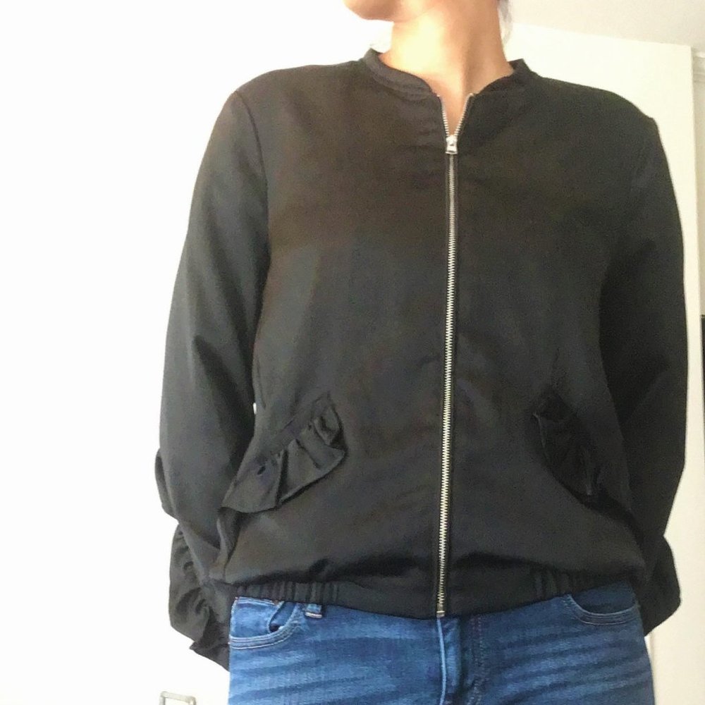 Zara Black Ruffled Bomber Jacket